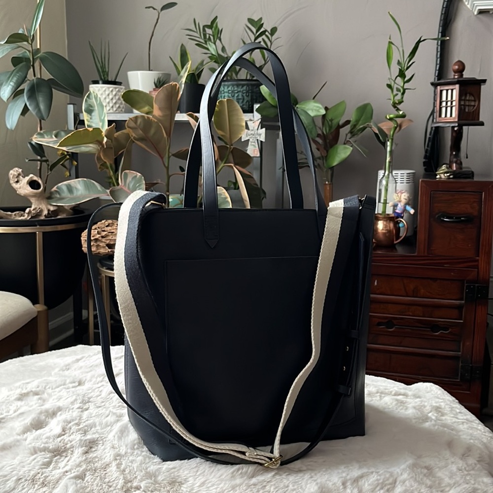 Madewell Black Leather Tote with Cream Strap